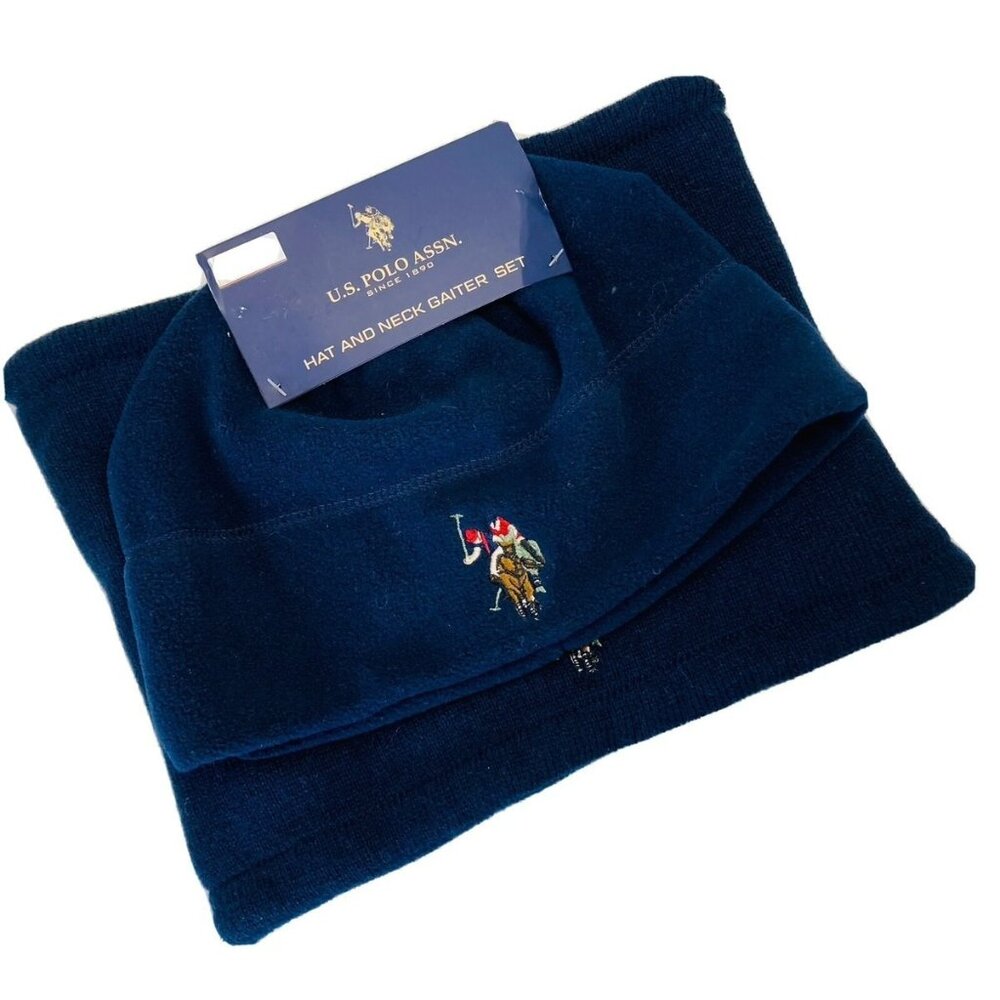 US Polo Assn Navy Blue Unisex Fleece Hat and Neck Gaiter Gift 2 Pc Set NEW M303